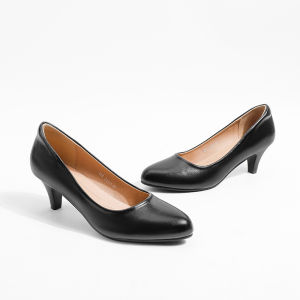 Womens Black Thick-Heeled Round-Toe Work Shoes for Airline Stewardess Interviews