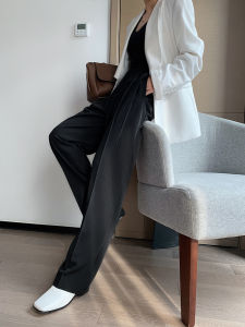 Grey Wide Leg Suit Pants Womens High Waist Drapey Floor-Length Casual Straight Loose Fitting Slimming Trousers Trendy