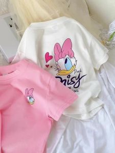 เสื้อยืดคอกลมแขนสั้นผ้าฝ้ายแท้สำหรับเด็กผู้หญิง ฤดูร้อน 2024 เสื้อตัวบนหลวมๆ ลายการ์ตูนน่ารัก แฟชั่นลำลอง