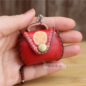 Red Top Layer Cowhide Mini Storage Bag Car Keychain Coin Earphone Hanging Ornament Handbag Accessories Other Brand