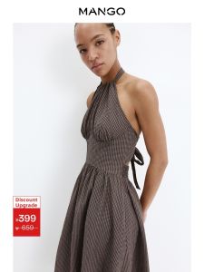 Mango | Váy A-line Nữ Cổ Yếm Hở Vai Kẻ Ca-rô