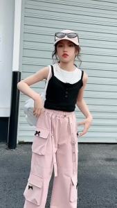 New Baggy Pants 7-16years old Kids Girls Cargo Pants Loose Black Pink Pants Wide Leg Trouser Elasticated High Waist Pants New Summer Fashion Casual