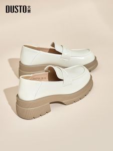Giày Lười Đế Dày DUSTO Phong Cách Pháp Cho Nữ Mùa Thu Đông 2025 Giày Lười Đế Cao Gót Đế Bằng Màu Trắng Giày Lười Da Nhỏ