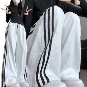 Quần Thể Thao Sọc Trắng Cho Nữ Mùa Hè Mỏng Cạp Cao Quần Dài Ống Rộng Nhanh Khô Quần Chống Nắng Hai Mặt