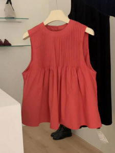 French Style Sweet Anti-Aging White round Neck Pleated Sleeveless Shirt Vest Women Summer Loose Versatile Doll Shirt Top