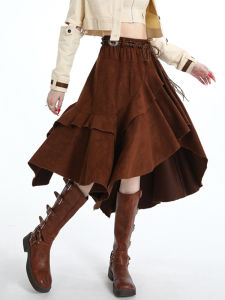 กระโปรงทรงเอผ้าหนังหุ้มลิ่มสไตล์อเมริกัน กระโปรงสั้นผู้หญิงฤดูใบไม้ร่วง กระโปรงทรงเอแบบยาวปานกลางสไตล์โบฮีเมียนวินเทจ