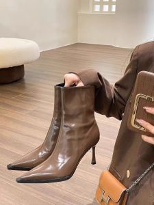 Giày Bốt Cao Gót Mũi Nhọn Da Bóng Thời Trang Mùa Thu Đông Cho Nữ Giày Bốt Ngắn Thời Trang Giày Bốt Da PU