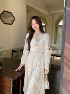 GERTCOREL2025 Winter New Chinese Style Long Dress round Neck Embroidery Apricot Color Base Womens Dress Waist Cinch Polyester Fiber Long Sleeve