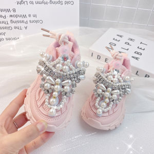 Pink Sporty Dad Shoes for Girls with Water Diamond And Pearl Decorations Spring Autumn Style Childrens Casual Shoes