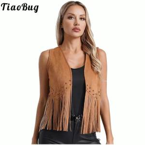 ผู้หญิง S Boho Fringe เสื้อกั๊ก Faux Suede Vintage แขนกุดเปิดด้านหน้า Hippie Cardigan Cowgirl พู่ Rivets Tank Waistcoat Tops