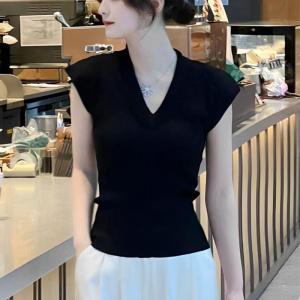 Shalldoer | Lace Hollow V-Neck Back Tie Slim Fit Summer Ice Silk Knit Top