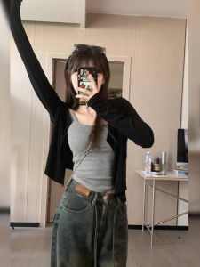 Áo Len Cardigan Dệt Kim Dài Tay Mỏng Màu Đen Cho Nữ Mùa Thu Nhỏ Áo Khoác Ngoài Chống Nắng Ngắn Áo Khoác Ngoài Thường Ngày