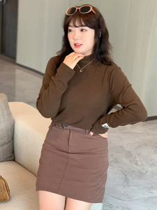 Slimming Effectiveness Long Sleeve Half High Collar Base Shirt Womens Fashion plus Size Korean Style Commute Pure Color T-shirt