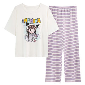 Miiow | Lightweight Short Sleeve Sleepwear Set For Women Summer Home Clothes Cotton Polyester Blend Elastic Waist Comfortable Padded Chest