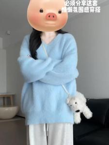 Super Fairy Gentle Soft Glutinous Series Fall and Winter Milk Blue Mink Velvet Thick Loose V-neck Pullover Sweater Idle Style Outwear Female