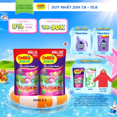 Combo 2 Túi Sữa Tắm Gội Carrie Junior Cho Bé chiết xuất trái cây thiên nhiên Hương Cheeky Cherry 500G