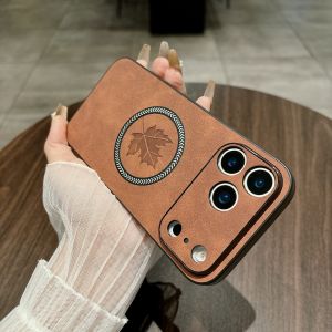 For Magsafe Magnetic Retro PU Leather Maple Leaf Pattern Phone case for iPhone 17 Air 16 E 15 14 Plus 13 12 11 ProMax Back Cover