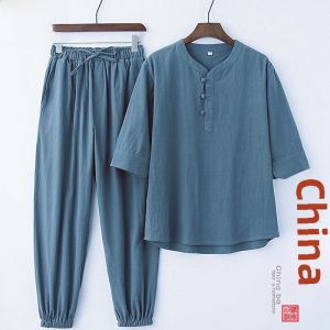 Mens Summer Cotton Linen Daoist Robe Set Zen Meditation Casual Wear Large Size Pure Color Buddhist Laymans Clothing
