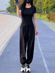 Shalldoer | Summer Outfit Womens Slim Fit Short Sleeve T-Shirt Casual Pants Two-Piece Set Simple Solid Color 2025 New Style Plus Size