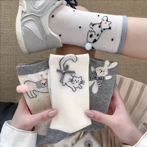 ถุงเท้าการพิมพ์การ์ตูนสัตว์4คู่ใหม่น่ารักสำหรับสุนัขและแมวถุงเท้ากลางถุงเท้าทรงท่อสไตล์เกาหลีระบายอากาศได้สำหรับฤดูร้อน