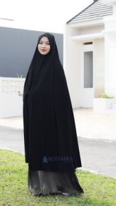 Set Long Khimar Syari Haramain Niqab Bandana Jetblack Alsyahra Exclusive Jilbab Panjang Sholat