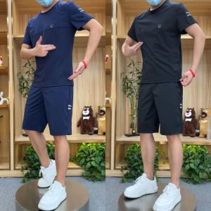 Summer New High-End Ice Silk Mens Casual Sports Set High Elasticity Breathable Fashionable Short Sleeve Shorts Two-Piece Set