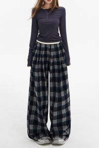 YKBK High Waist Plaid Wide Leg Pants Color Block Casual Straight Leg Trousers Versatile Slimming Spring Autumn Seasonal Jeans