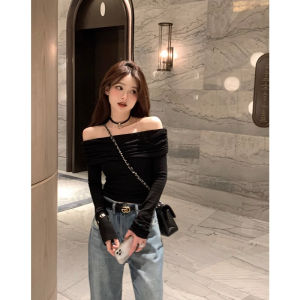 French Style Shoulder Baring Long Sleeve T-Shirt Womens Base Shirt Inner Wear Elegant Slim Fit Autumn Winter Black Top