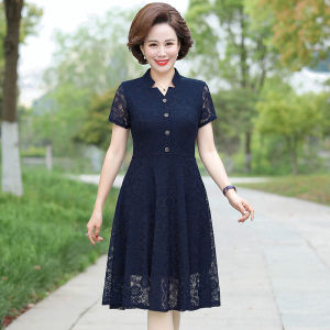 Spring Autumn New Style Mommy Lace Dress Mid-Length Knee-Sweeping Womens Fashion 40-50 Years Old Wide Lady A-Line Skirt