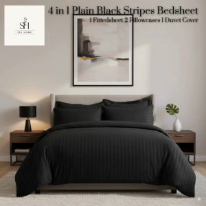 SevHome 4 in 1 Plain Black Stripes Bedsheet Sets | Cotton 400TC Hotel Quality Stripe Bedsheets | Beddings Bed sheet set with 1 Fitted Sheet with Garter 1 Duvet Comforter Quilt Cover 2 Pillow case | Size Single Double Queen King