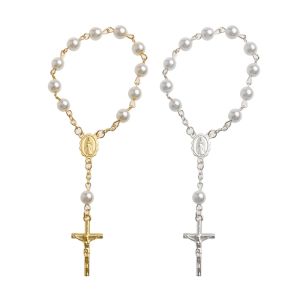 Catholic Cross Finger Chain Mini Rosary Gold Silver Cross Rosary Bracelet for Women Baby Pearl Baptism Communion Gift