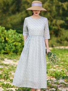 Elegant Long Printed Linen Dress Fairy Feel Loose Waist Belted Thin Summer Spring High End Womens Artistic Maxi Dress