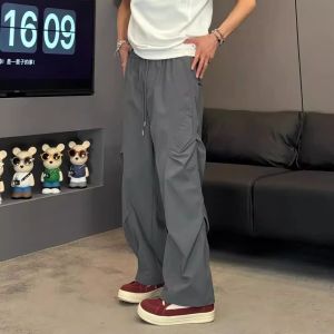 Quick Dry Paratrooper Workwear Pants Mens Summer American Slant Cut Pleated Ice Silk Design Thin Straight Leg Casual Trousers