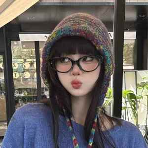 Womens Small Knitted Hat Winter Warm Ear Protection Rainbow Cap Tied Head Design Style Korean Fashion Face Slimming