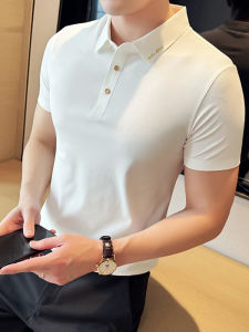 Elegant Embroidered Ice Silk Seamless Polo Shirt Mens Short Sleeve Lightweight Stretchy Slim Fit Business Casual T-Shirt