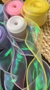 ริบบิ้นผ้าแก้วโฮโลแกรม (ยาว10หลา) ริบบิ้นชีฟองหางปลา 4 เซน | DIY ของขวัญ งานฝีมือ ตกแต่งกล่อง