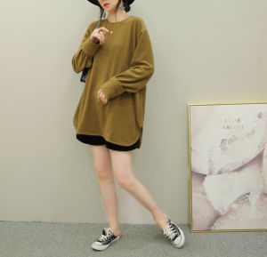 Fall and Winter T-shirt with Long Sleeves Hoodie Womens Chubby Girl Mid Length Long Length Bottoming Shirt Tops Loose Slim Looking Dralon Plus Size Thick Fleece