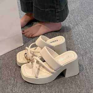 Large Size Sandals Womens Foot Wide Fat Summer New Thick Bottom Slip-On High Heels Fashionable Casual Low Cut Artificial Leather