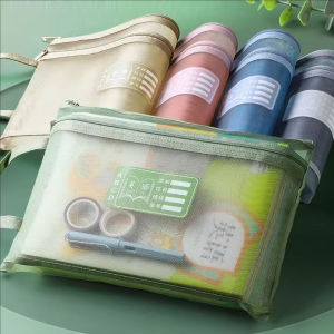 A4 Stationery Storage Bag Double-layer Mesh Zipper Bag Large Capacity Organizer School Office Stationery Bag Transparent File Folders
