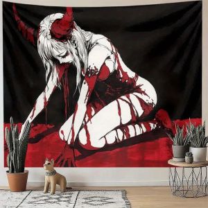VIKAMA Red Horn Devil Girl Gothic Tấm Thảm Đậm Anime Thẩm Mỹ Nghệ Thuật Treo Tường Sợi Polyester Chống Thấm Nước Cho Phòng Ngủ Ký Túc Xá Phòng Trò Chơi Trang Trí Phòng