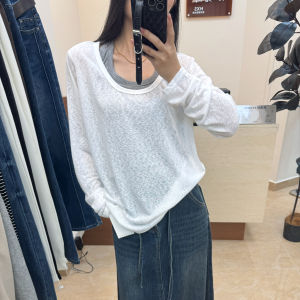 Áo Thun Nữ Dáng Rộng Cổ Lớn Mùa Xuân Thu Phong Cách Hàn Quốc Thường Ngày Dài Tay Giả Hai Mảnh Thời Trang