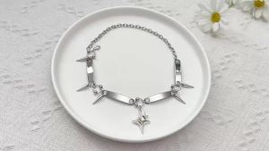 Punk Spiked Star Pendant Choker Necklace Silver Rivet Cone Spike Bar Chain Y2K Goth Adjustable Neck Jewelry for Men Women