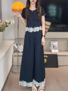Youthful Lace Patchwork Top And Wide Leg Pants Two Piece Set Small Size Design Summer Collection Fashionable And Refreshing