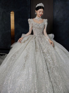 ชุดแต่งงานแขนยาวสีขาวสไตล์ฝรั่งเศส 2025 ชุดแต่งงานใหม่อลังการ กระโปรงยาวคลุมเข่า ชุดแต่งงานคุณภาพสูงสำหรับผู้หญิงส่วนเล็ก