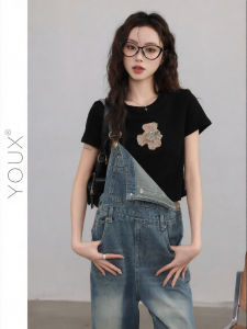 YOUXIANG | Áo Thun Cổ Tròn In Họa Tiết Retro Đen