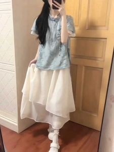 Cool Zen Suit Improved Chinese Style Traditional Womens Summer Retro 2024 Tops New Skirt Two-piece Set Suit