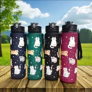 Bình Nước Cho Mèo Dung Tích Lớn 750ML Bình Thể Thao Nhựa Mờ Thời Trang Chống Rò Rỉ Di Động Có Dây Đeo