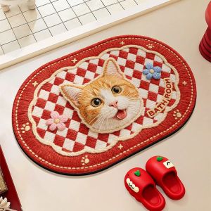 VIKAMA Oval Bath Mat Cute Cartoon Cat Animal Letter Print Non‑Slip Absorbent Floor Mat for Bathroom Home Entrance Decor