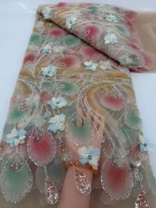 Luxury 3D Flower Luxury Model Bridal Wedding Dress Sewing Lace Fabric Exquisite French Nigerian Beaded Sequin Lace Dress Fabrics