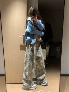 High Waist Loose Leg Leopard Print Washed Vintage Knife Edge Denim Jeans Womens Spring Autumn Long Tapered Floor-Length Pants